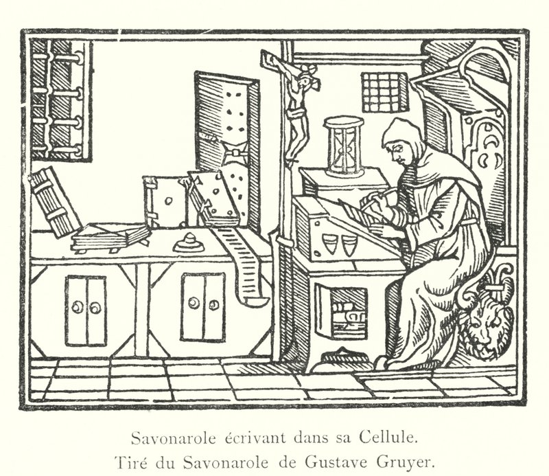 Savonarola scrivendo nella sua Cella, Tratto dal Savonarola di Gustave Gruyer (incisione) da Italian School