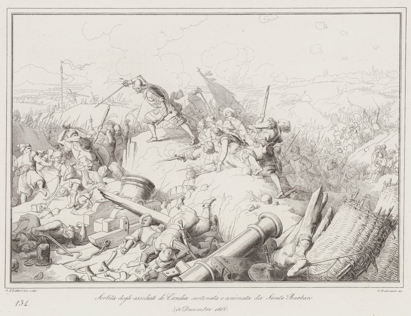 Sortita degli assediati di Candia sostenuta e animata da Sante Barbaro da Italian School