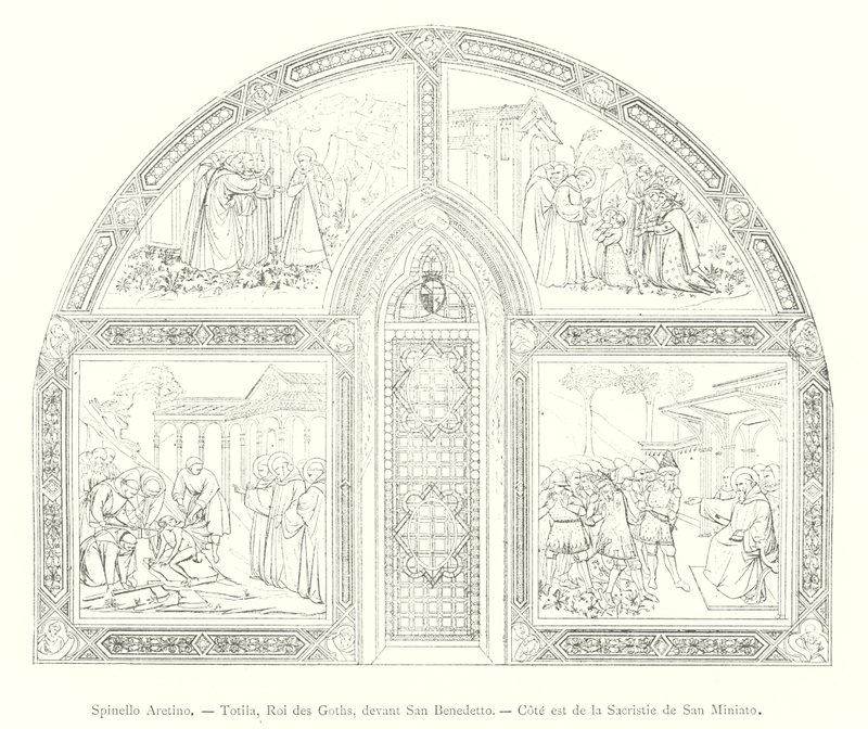 Spinello Aretino, Totila, re dei Goti, davanti a San Benedetto, lato est della sacrestia di San Miniato da Italian School
