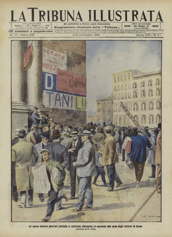Gli elettori si recano alle urne per le elezioni politiche italiane a Roma (litografia a colori) da Italian School