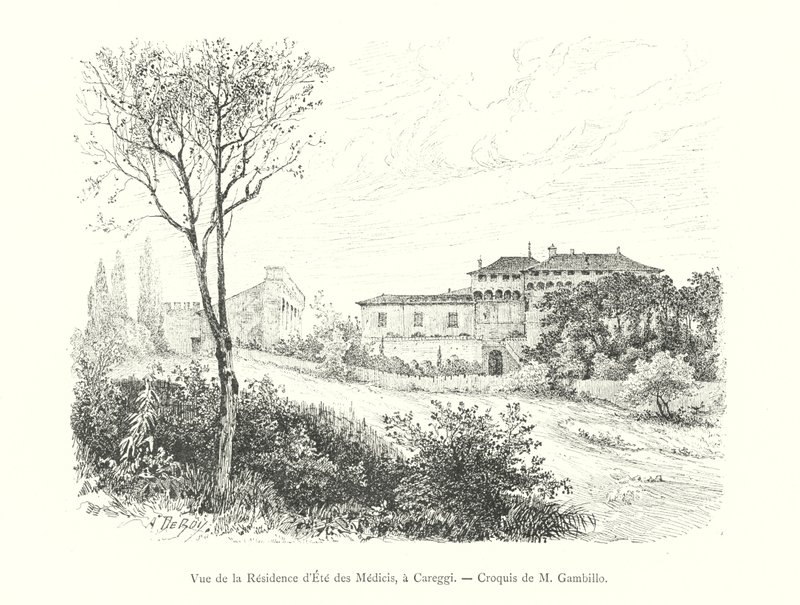 Vista della residenza estiva dei Medici, a Careggi, schizzo di M Gambillo da Italian School