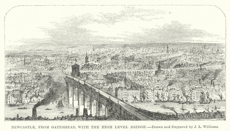 Newcastle, da Gateshead, con il Ponte di Alto Livello (incisione) da J.L. (after) Williams