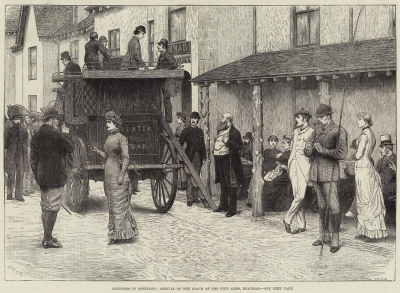 Schizzi in Scozia, arrivo della carrozza al Fife Arms, Braemar da J.M.L. Ralston