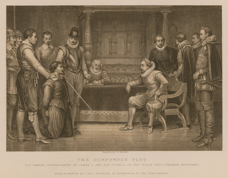La congiura delle polveri; Guy Fawkes interrogato da Re Giacomo I e il suo consiglio nella camera da letto del re, Whitehall da J.M.L. Ralston