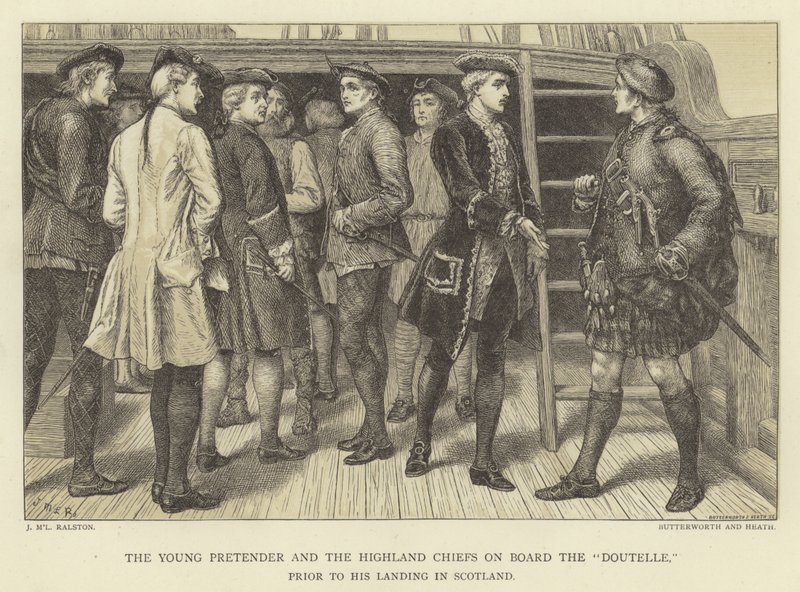 Il Giovane Pretendente e i capi degli Highlander a bordo della Doutelle prima del suo sbarco in Scozia da J.M.L. Ralston