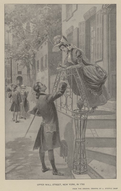 Upper Wall Street, New York, nel 1783 da J. (after) Steeple Davis