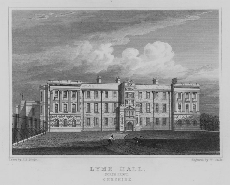 Lyme Hall, Facciata Nord, Cheshire (incisione) da John Preston Neale