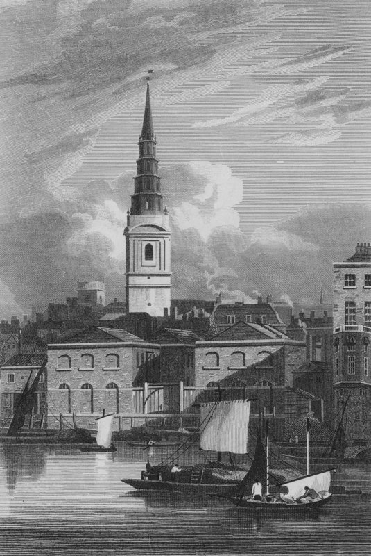 Veduta della chiesa di St Bride, presa dal fiume Tamigi da John Preston Neale