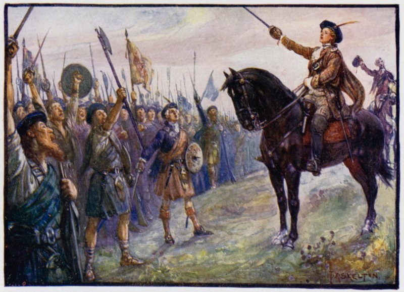 Il giovane Bonnie Prince Charlie di 25 anni che si rivolge alle sue truppe, Rivolta giacobita del 1745 da J. R. Skelton
