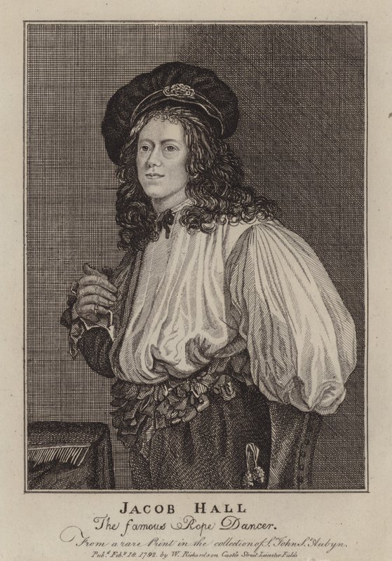 Jacob Hall, funambolo e acrobata inglese attivo durante il regno di Carlo II (incisione) da Jacob (after) Van Oost the Younger