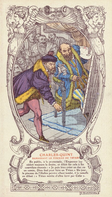 Carlo V raccoglie il pennello di Tiziano dopo che lo ha fatto cadere mentre lavorava a un ritratto dell