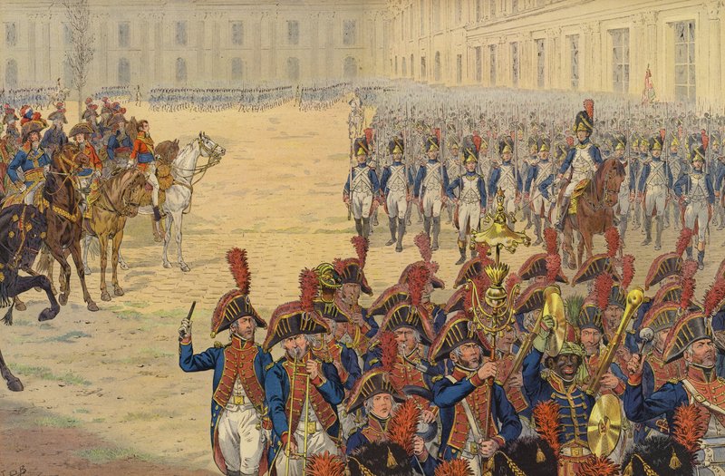 Prima rassegna della guardia consolare sul campo di parata al Palazzo delle Tuileries da Jacques Marie Gaston Onfray de Breville (Job)