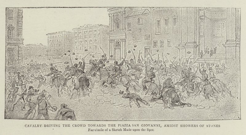Cavalleria che spinge la folla verso Piazza San Giovanni, tra piogge di pietre da James A. Shearman