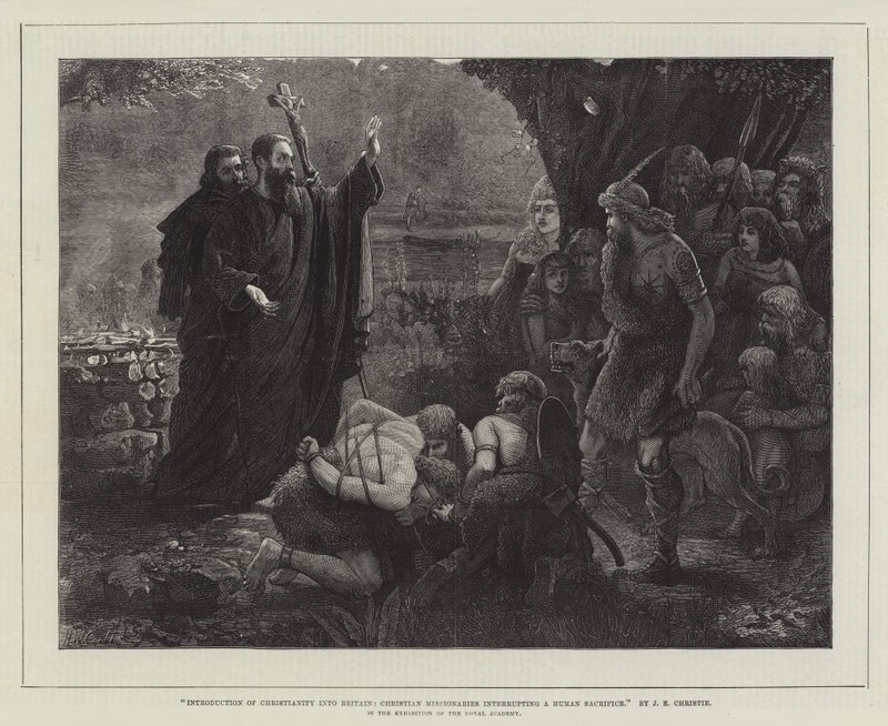 Introduzione del Cristianesimo in Gran Bretagna, missionari cristiani che interrompono un sacrificio umano, nell