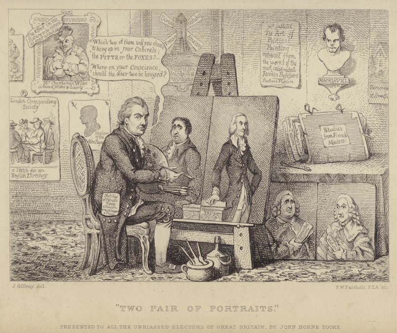 Due coppie di ritratti: caricatura anti-Whig che raffigura John Henry Tooke con ritratti di Charles James Fox che personifica il vizio e William Pitt il Giovane che rappresenta la virtù da James (after) Gillray