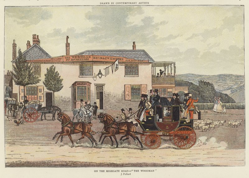 Sulla strada di Highgate - "Il Boscaiolo" (litografia a colori) da James (after) Pollard