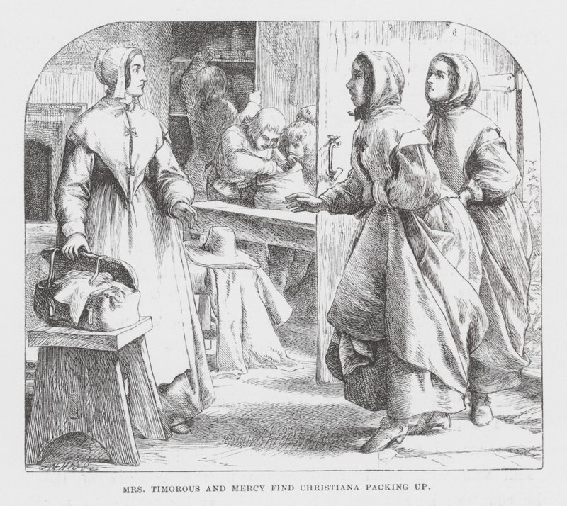 La signora Timorous e Mercy trovano Christiana che fa i bagagli da James Dawson Watson