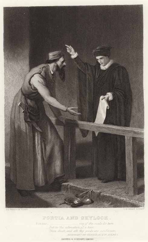 Portia e Shylock, Il mercante di Venezia, Atto IV, Scena I da James Dawson Watson