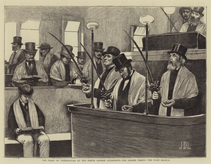 La festa delle capanne alla sinagoga di North London, il lettore che prende il ramo di palma da James Dromgole Linton