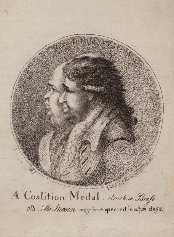 Medaglia della Coalizione, coniata in ottone: satira sulla coalizione dei politici britannici Lord North e Charles James Fox, 1783 da James Sayers