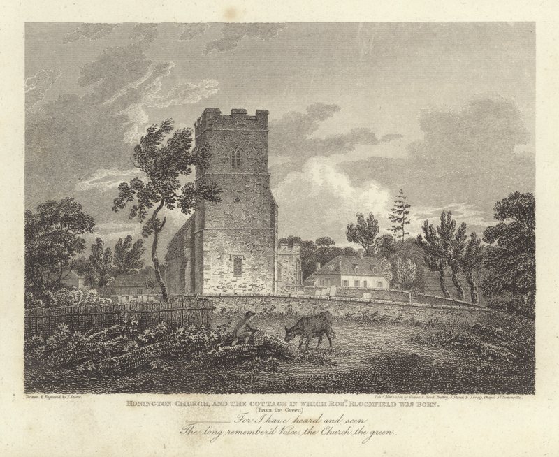 Robert Bloomfield, poeta: Chiesa di Honington e il cottage in cui è nato Robert Bloomfield da James Storer