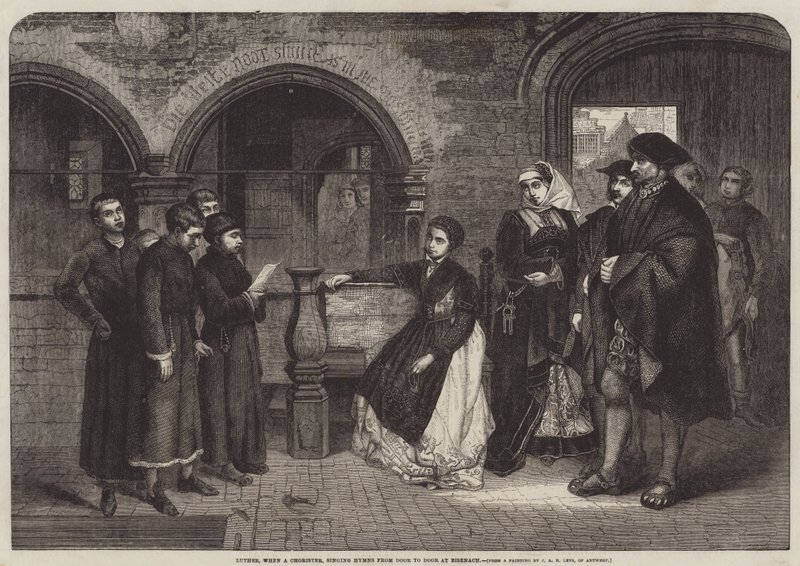 Lutero, quando era Corista, cantando Inni di Porta in Porta a Eisenach da Jan August Hendrik Leys