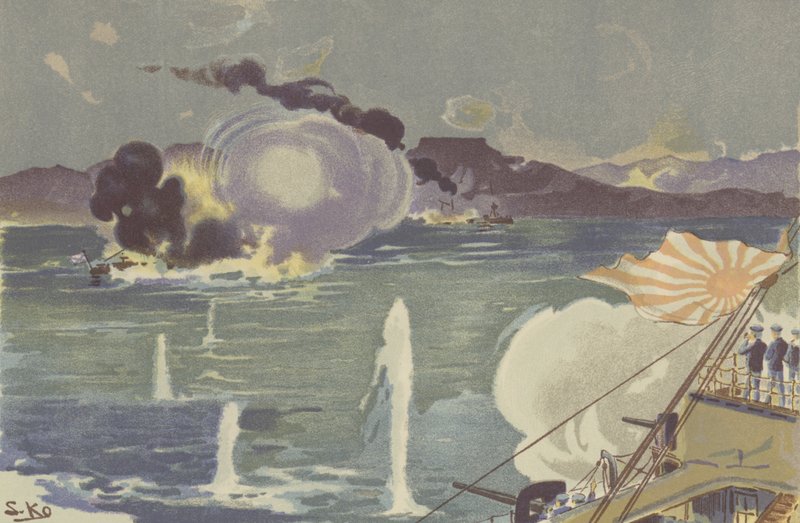 Una cannoniera russa che affonda al largo di Port Arthur da Japanese School