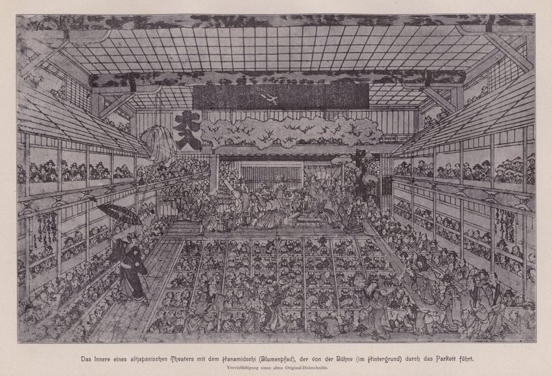 Interno di un tradizionale teatro Kabuki giapponese che mostra l