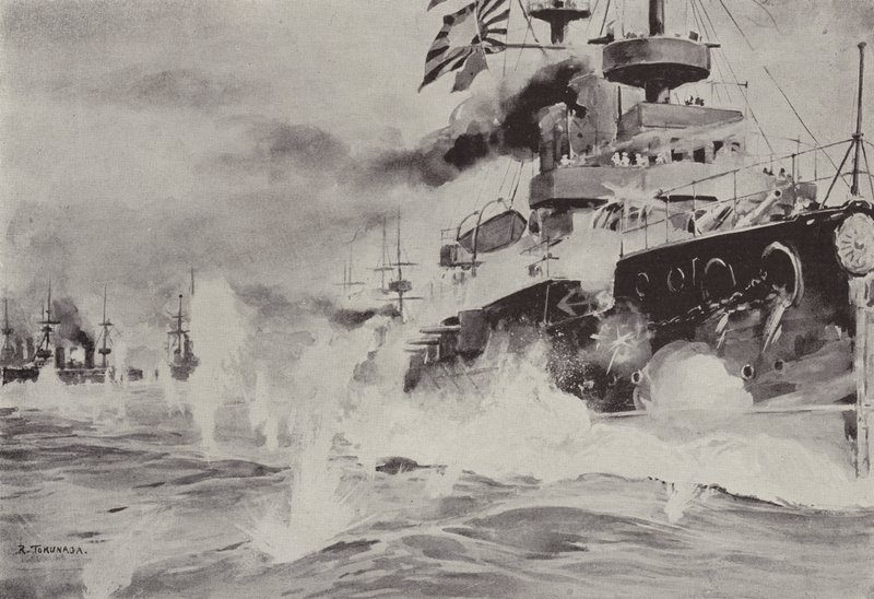 La Mikasa che combatte coraggiosamente contro la squadra russa al largo di Port Arthur il 10 agosto da Japanese School
