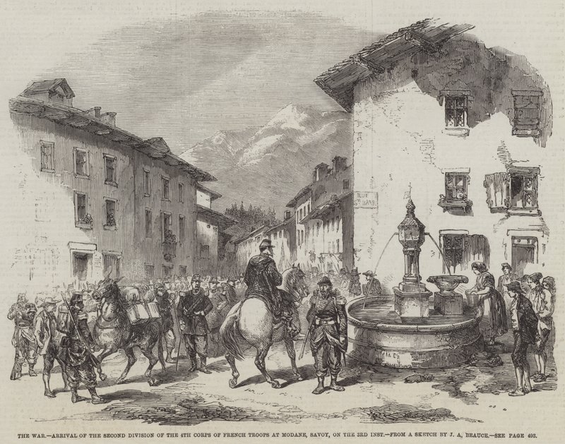 La guerra, arrivo della seconda divisione del 4° corpo di truppe francesi a Modane, Savoia, il 3 del mese da Jean Adolphe Beauce