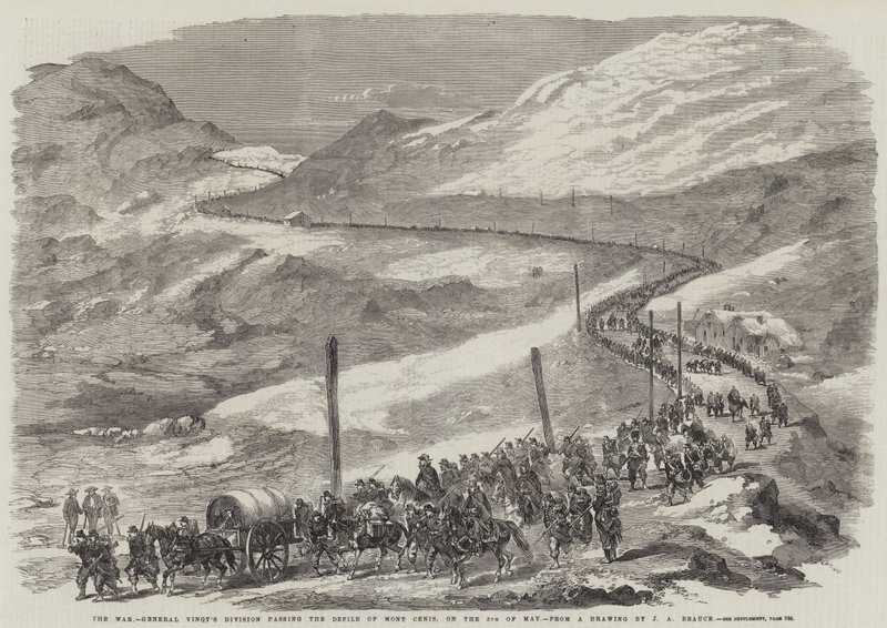 La guerra, la divisione del generale Vinoy che attraversa il passo del Moncenisio, il 5 maggio da Jean Adolphe Beauce