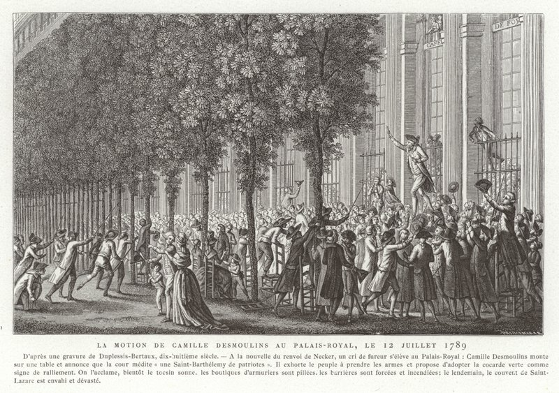 Camille Desmoulins chiama alle armi fuori dal Palais Royal, Parigi, Rivoluzione Francese, 12 luglio 1789 da Jean Duplessis Bertaux