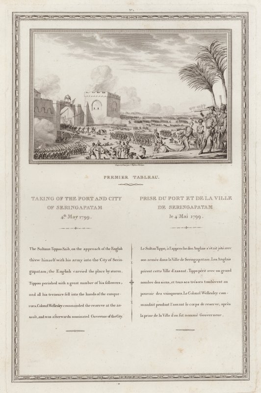 Cattura del forte e della città di Seringapatnam da parte dei britannici, Quarta Guerra Anglo-Mysore, India da Jean (after) Duplessi Bertaux