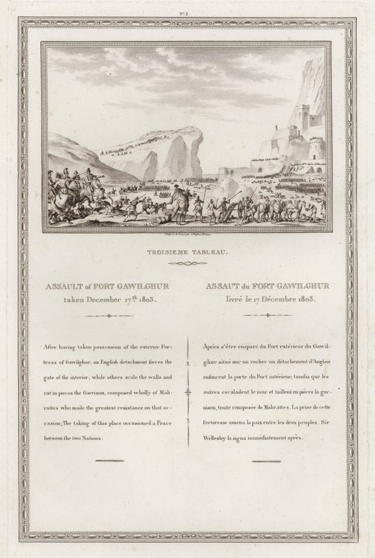 Cattura del forte di Gawilghur da parte dei britannici sotto il comando di Arthur Wellesley, Seconda Guerra Anglo-Maratha, India da Jean (after) Duplessi Bertaux