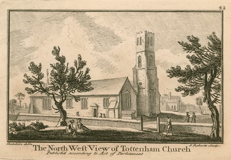 La vista nord-ovest della chiesa di Tottenham, Londra da Jean Baptiste Claude Chatelain