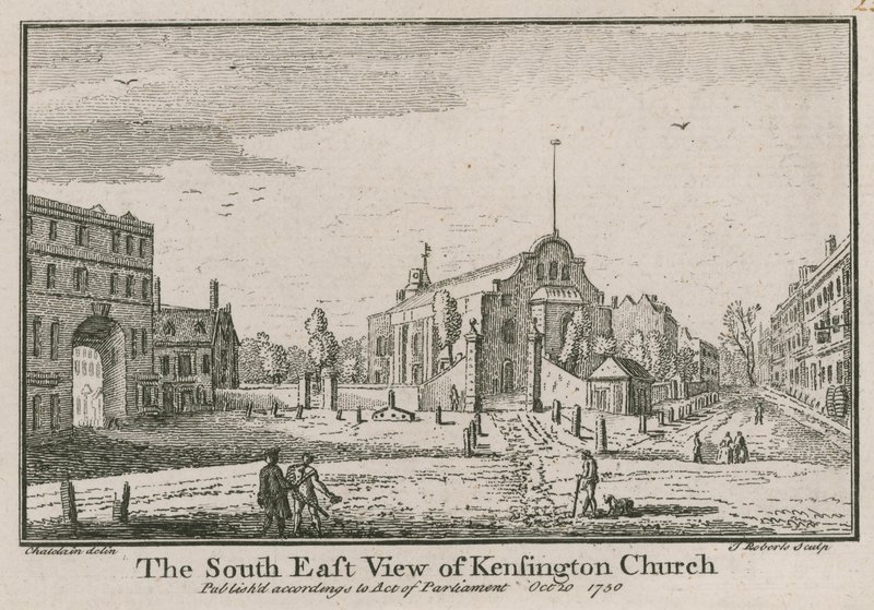 La vista sud-est della chiesa di Kensington da Jean Baptiste Claude Chatelain