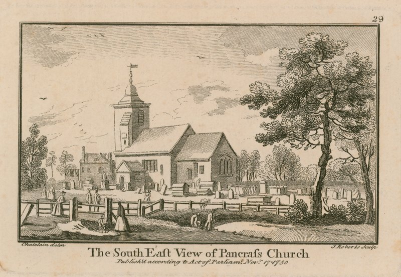 La vista sud-est della chiesa di St Pancras, Londra da Jean Baptiste Claude Chatelain