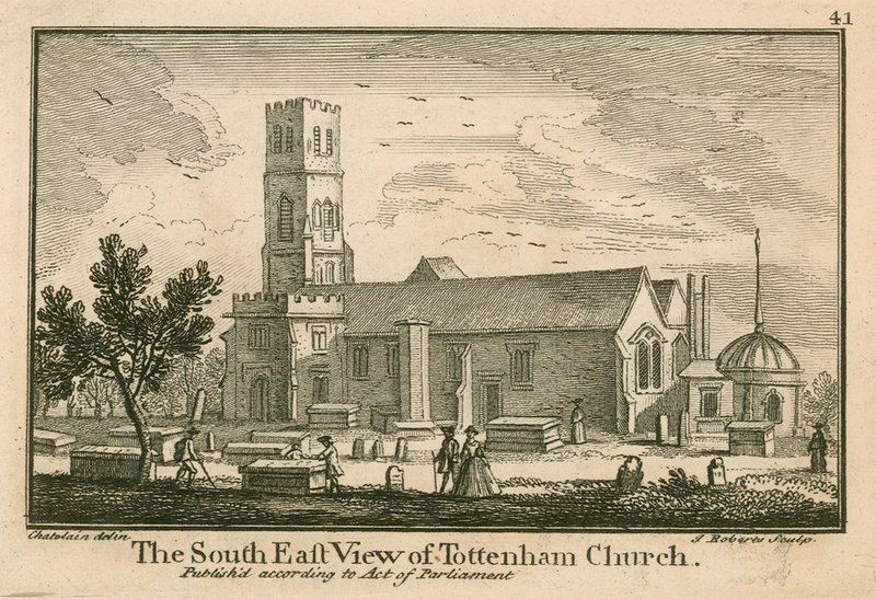 La vista sud-est della chiesa di Tottenham, Londra da Jean Baptiste Claude Chatelain