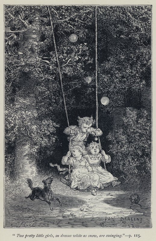 "Due graziose bambine, in abiti bianchi come la neve, stanno dondolando" (incisione) da Jean Edouard Dargent