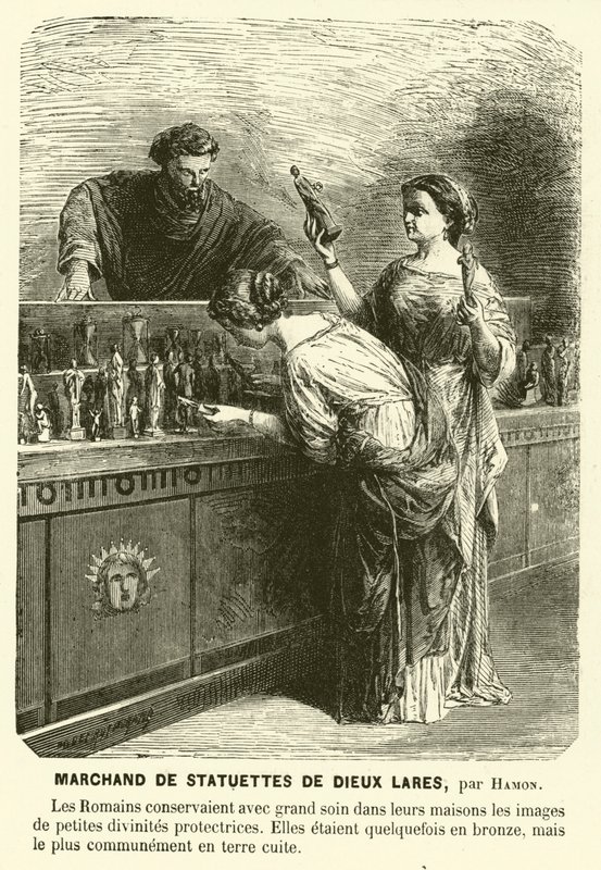 Venditore di statuette dei Lari, antiche divinità tutelari romane (incisione) da Jean Louis Hamon