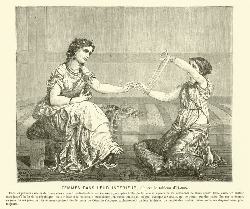 Donne che filano lana in una casa, antica Roma da Jean Louis Hamon