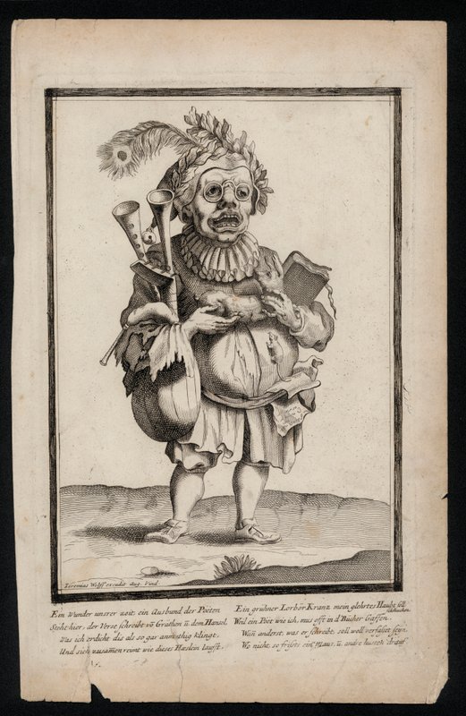 Uomo che porta una cornamusa e indossa un copricapo con piume di pavone, stampa di costume surrealista, c1700 da Jeremias Wolff