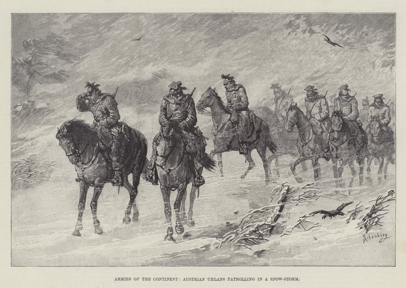 Eserciti del continente, Ussari austriaci in pattuglia durante una tempesta di neve da Johann Nepomuk Schonberg