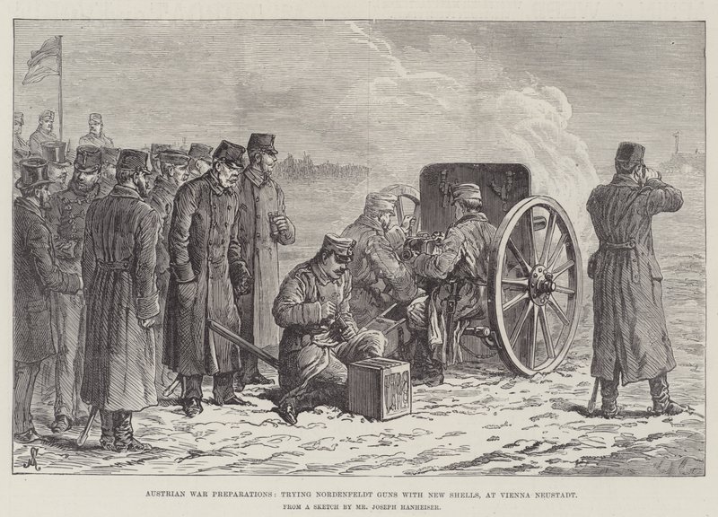Preparativi di guerra austriaci, prova dei cannoni Nordenfeldt con nuovi proiettili, a Vienna Neustadt da Johann Nepomuk Schonberg