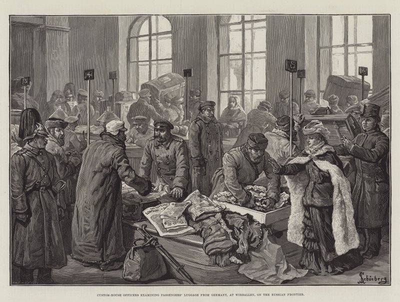 Doganieri che esaminano i bagagli dei passeggeri provenienti dalla Germania, a Wirballen, al confine russo da Johann Nepomuk Schonberg