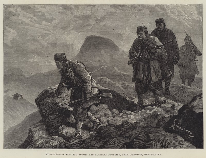 Montenegrini che attraversano furtivamente il confine austriaco, vicino a Crivoscie, Erzegovina da Johann Nepomuk Schonberg
