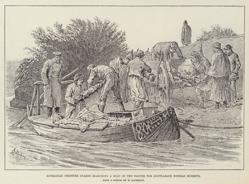 Guardie di frontiera rumene che perquisiscono una barca sul Danubio alla ricerca di moschetti russi di contrabbando da Johann Nepomuk Schonberg