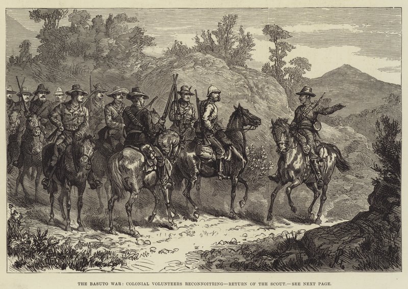 La guerra dei Basuto, volontari coloniali in ricognizione, ritorno dello scout da Johann Nepomuk Schonberg
