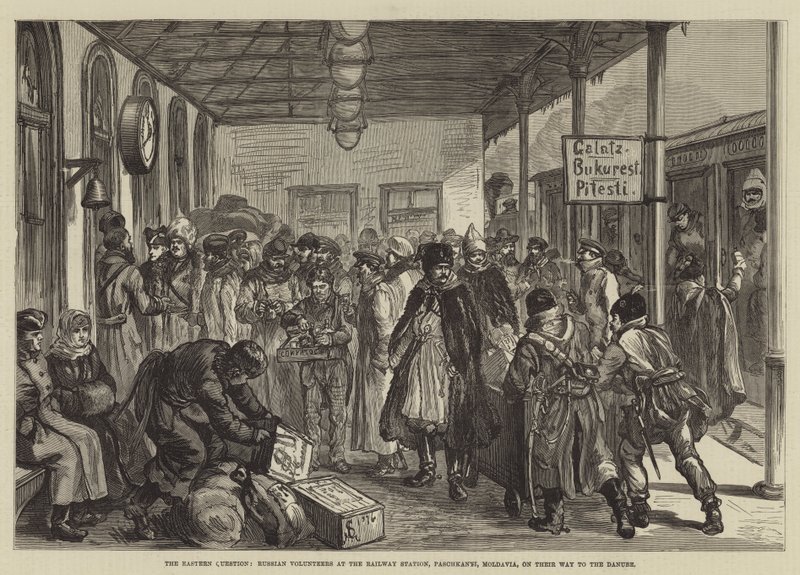 La questione orientale, volontari russi alla stazione ferroviaria, Paschkanyi, Moldavia, in viaggio verso il Danubio da Johann Nepomuk Schonberg