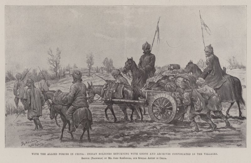Con le forze alleate in Cina, soldati indiani che tornano con beni e archivi confiscati nei villaggi da Johann Nepomuk Schonberg